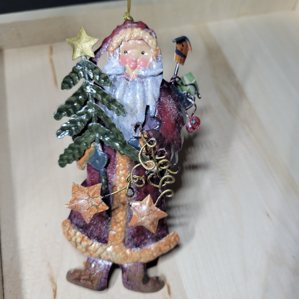 Vintage Metal Santa Claus Ornament Christmas, Santa with Bag and Christmas Tree